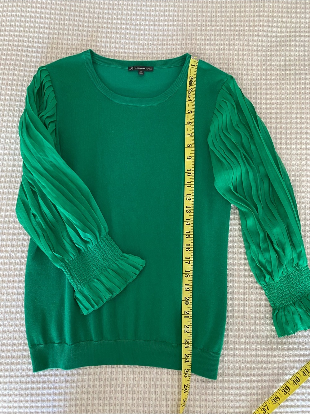 Adrianna Papell Emerald Green Pleated Sleeve Crew Neck Sweater